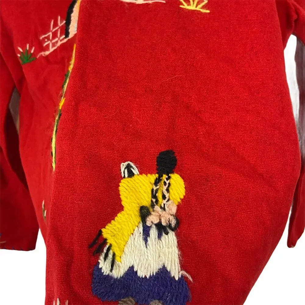 Embroidered Red Wool Jacket Vintage Made in Mexico Agave Horseshoe Sanchez